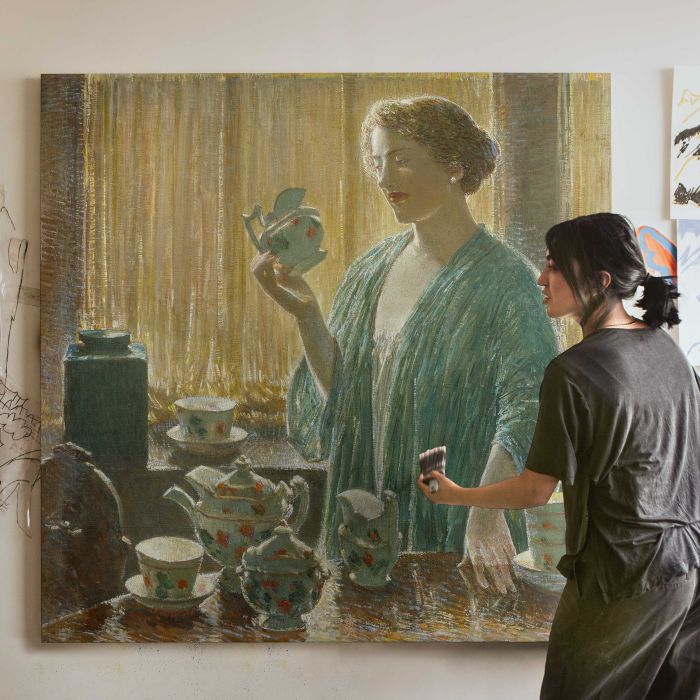 Strawberry Tea Set (1912) by Frederick Childe Hassam canvas print, canvas shown with a person for scale