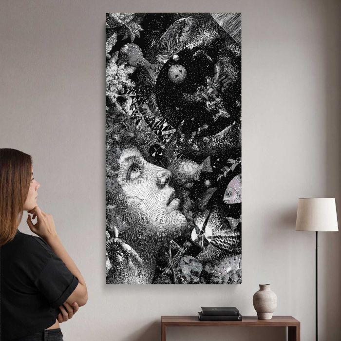 Surreal Underwater Dreamscape — Woman and Fish canvas print, interior display view