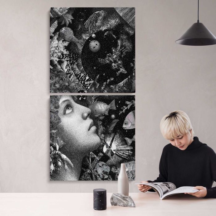 Surreal Underwater Dreamscape — Woman and Fish canvas print, interior display view