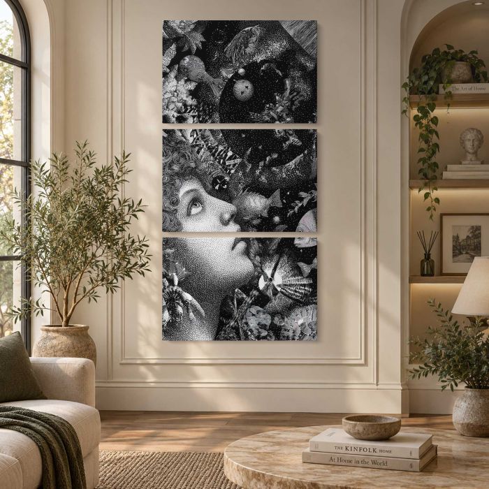 Surreal Underwater Dreamscape — Woman and Fish canvas print, interior display view
