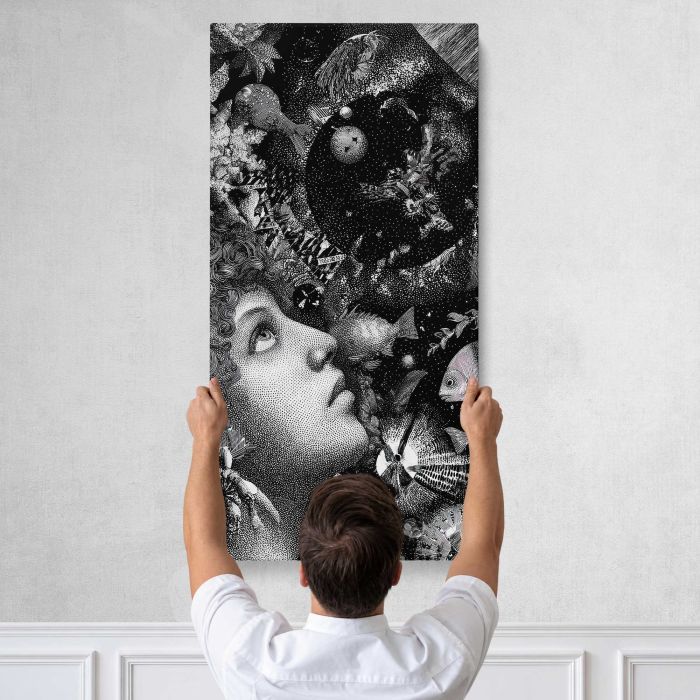 Surreal Underwater Dreamscape — Woman and Fish canvas print, tall canvas held against a wall