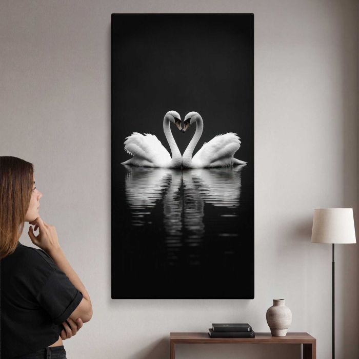Swans Forming a Heart in Monochrome canvas print, interior display view