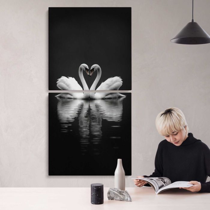 Swans Forming a Heart in Monochrome canvas print, interior display view