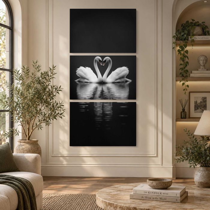 Swans Forming a Heart in Monochrome canvas print, interior display view
