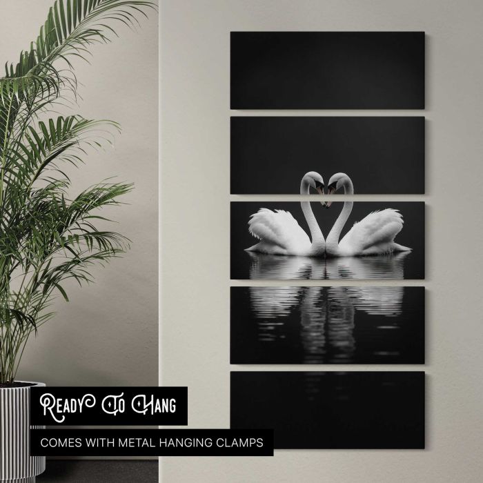 Swans Forming a Heart in Monochrome canvas print, interior display view
