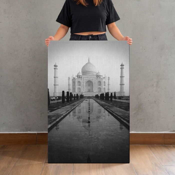 Taj Mahal, India canvas print, canvas shown with a person for scale
