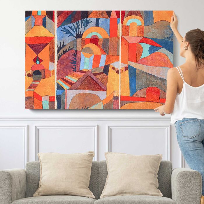 Temple Gardens (1920) by Paul Klee canvas print, canvas shown with a person for scale