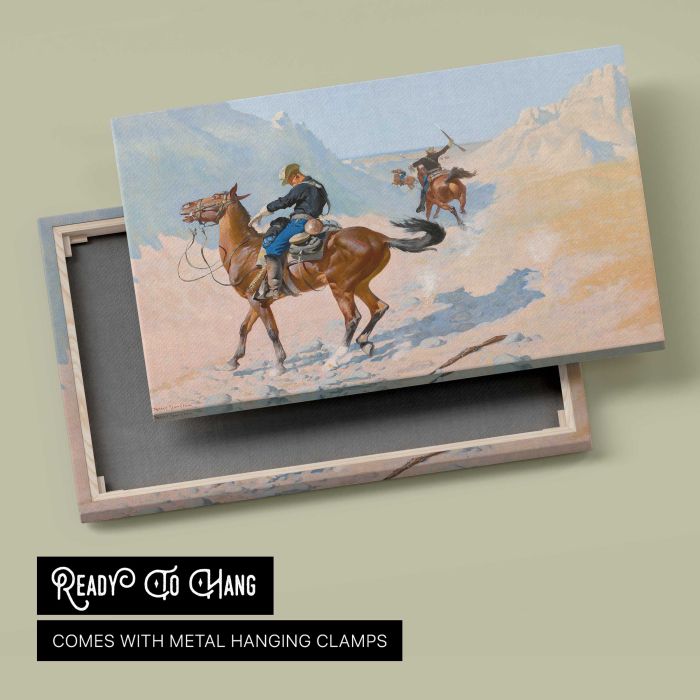 The Advance–Guard, or The Military Sacrifice (The Ambush) (1890) by Frederic Remington canvas print, canvas reverse and frame view