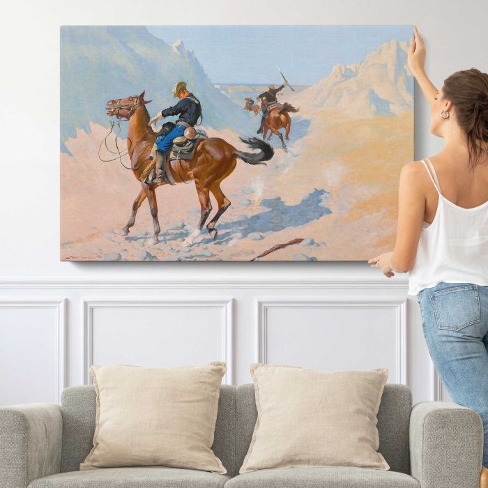 The Advance–Guard, or The Military Sacrifice (The Ambush) (1890) by Frederic Remington canvas print, canvas shown with a person for scale