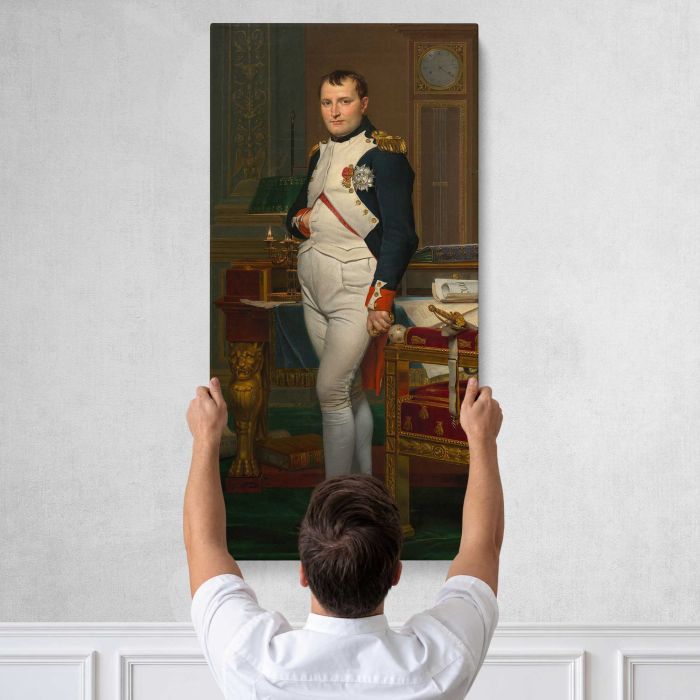 The Emperor Napoleon in His Study at the Tuileries by Jacques-Louis David canvas print, tall canvas held against a wall