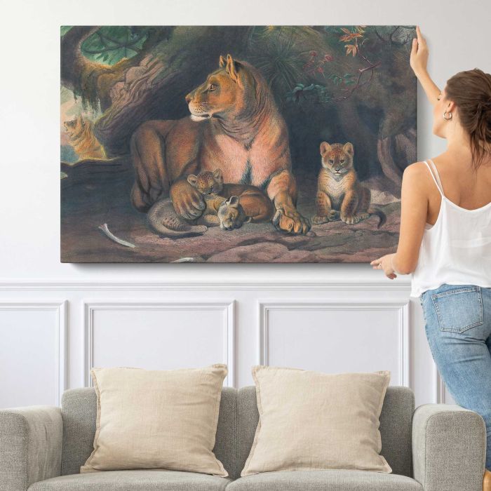 The Lion by Joseph Wolf canvas print, canvas shown with a person for scale