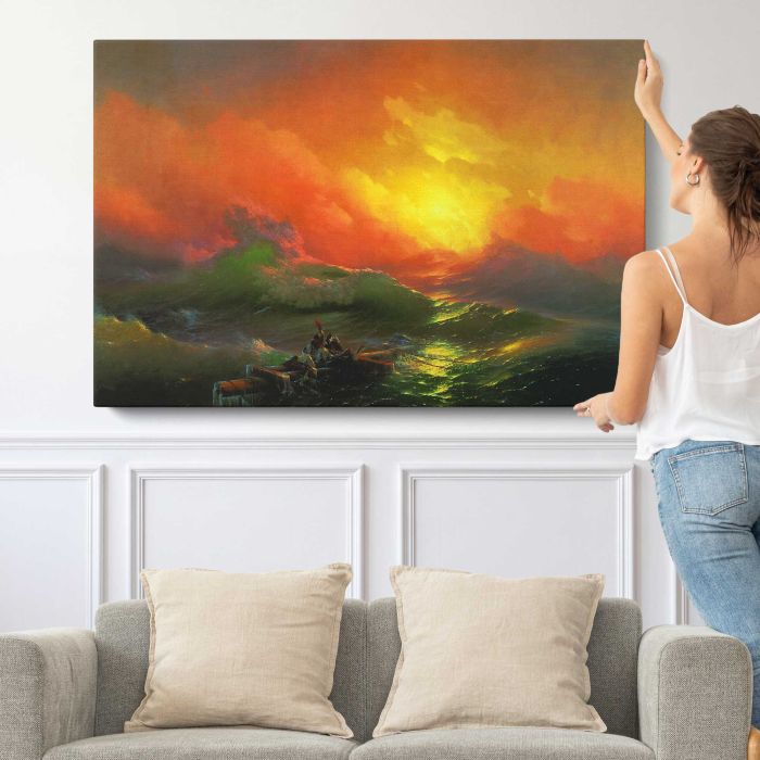 The Ninth Wave by Ivan Aivazovsky - single-panel canvas shown with a person for scale