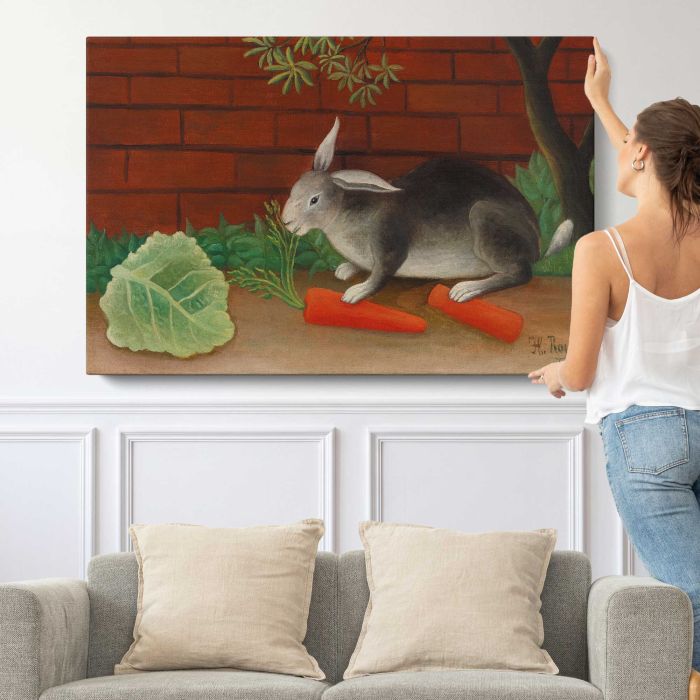 The Rabbit's Meal (Le Repas du lapin) (1908) by Henri Rousseau canvas print, canvas shown with a person for scale