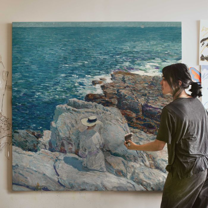 The South Ledges, Appledore by Frederick Childe Hassam canvas print, canvas shown with a person for scale