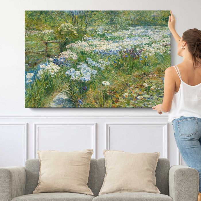 The Water Garden (1909) by Frederick Childe Hassam canvas print, canvas shown with a person for scale