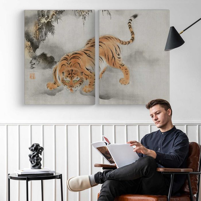 Tiger Japanese Ukiyo-e Art by Isen'in Hoin Eishin - two-panel canvas displayed in a reading room
