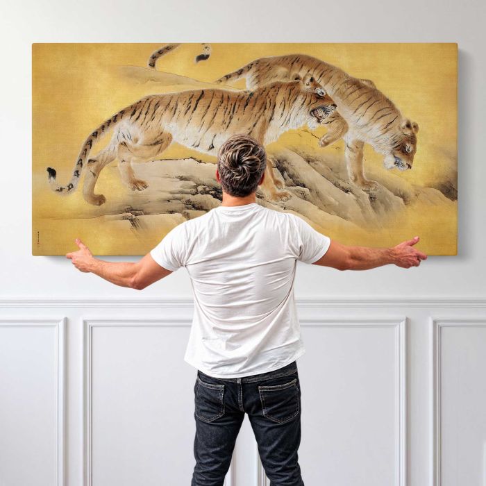 Tigers by Mountain Streams (1892-1895) by Kishi Chikudō canvas print, canvas shown with a person for scale