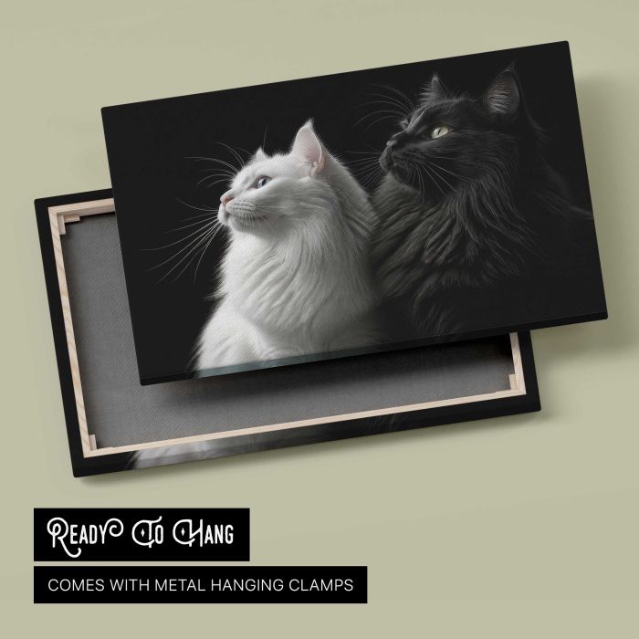 Two Cats in Black and White canvas print, canvas reverse and frame view