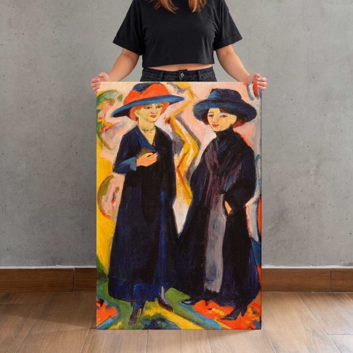 Two Women (1922) by Ernst Ludwig Kirchner canvas print, canvas shown with a person for scale