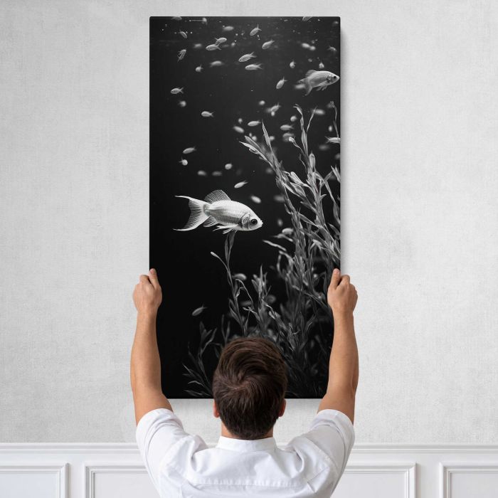 Underwater Fish in Monochrome canvas print, tall canvas held against a wall