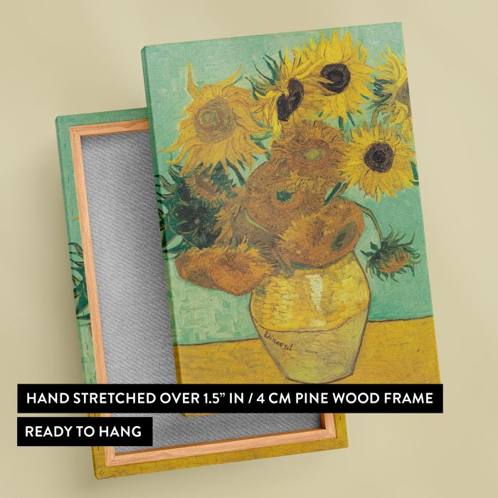 Vase with Twelve Sunflowers (1888–1889) by Vincent van Gogh canvas print, canvas reverse and frame view
