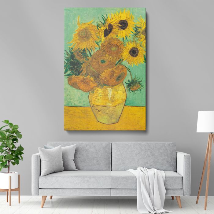 Vase with Twelve Sunflowers (1888–1889) by Vincent van Gogh canvas print, interior display view