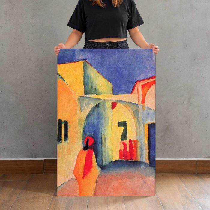 View into a Lane (1914) by August Macke canvas print, canvas shown with a person for scale