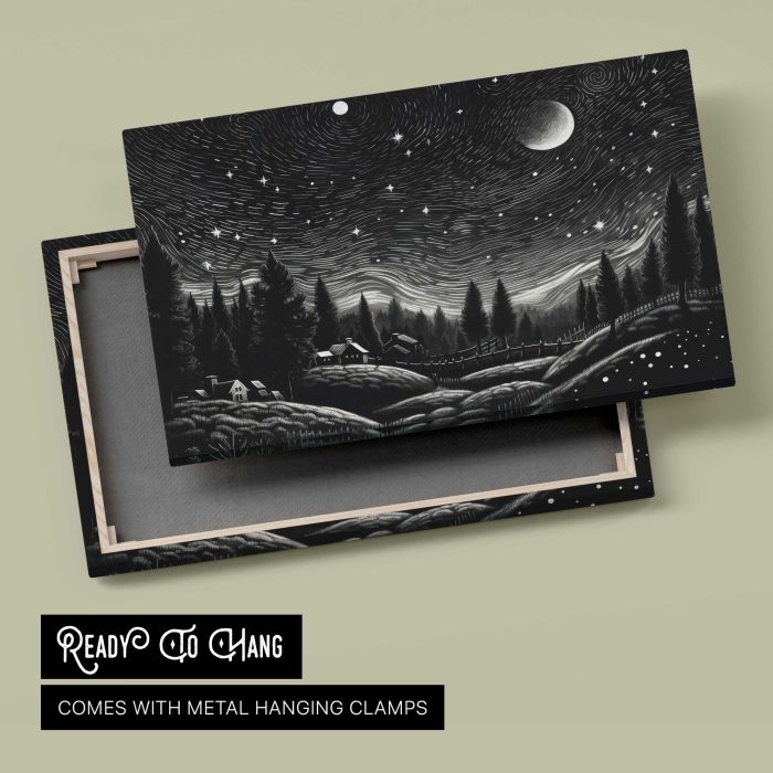 Village beneath a Starry Night Sky canvas print, canvas reverse and frame view