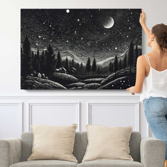 Village beneath a Starry Night Sky canvas print, canvas shown with a person for scale