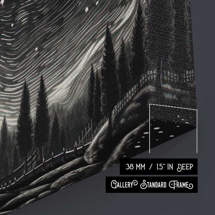 Village beneath a Starry Night Sky canvas print, canvas surface and edge detail