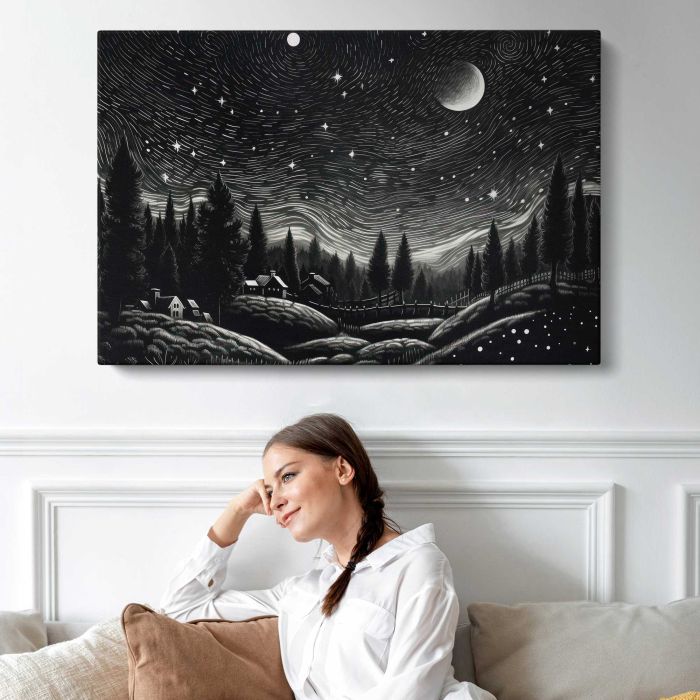 Village beneath a Starry Night Sky canvas print, interior display view
