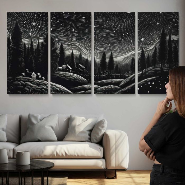 Village beneath a Starry Night Sky canvas print, interior display view