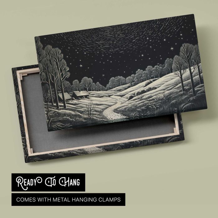Village Night Landscape canvas print, canvas reverse and frame view