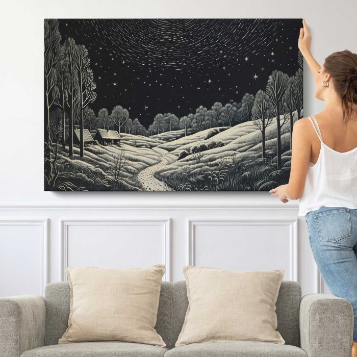 Village Night Landscape canvas print, canvas shown with a person for scale