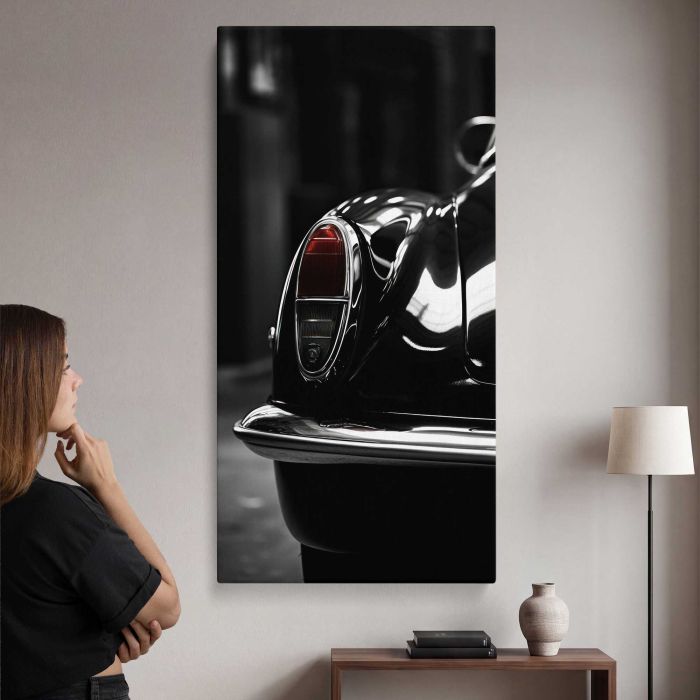 Vintage Car Headlight and Grille in Monochrome canvas print, interior display view