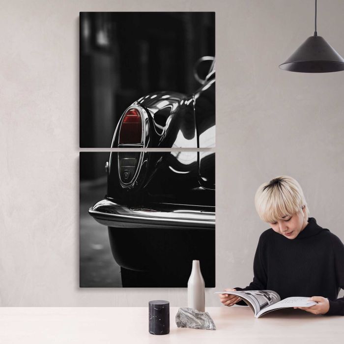 Vintage Car Headlight and Grille in Monochrome canvas print, interior display view