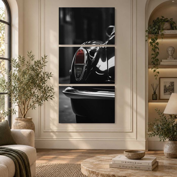 Vintage Car Headlight and Grille in Monochrome canvas print, interior display view