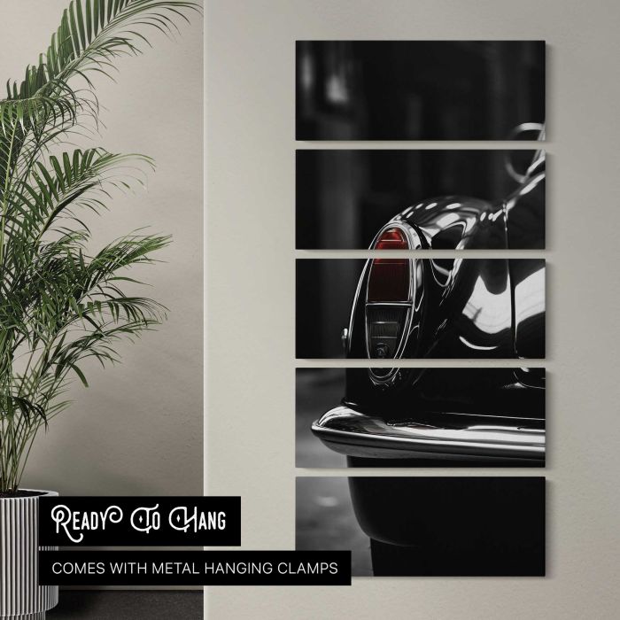 Vintage Car Headlight and Grille in Monochrome canvas print, interior display view