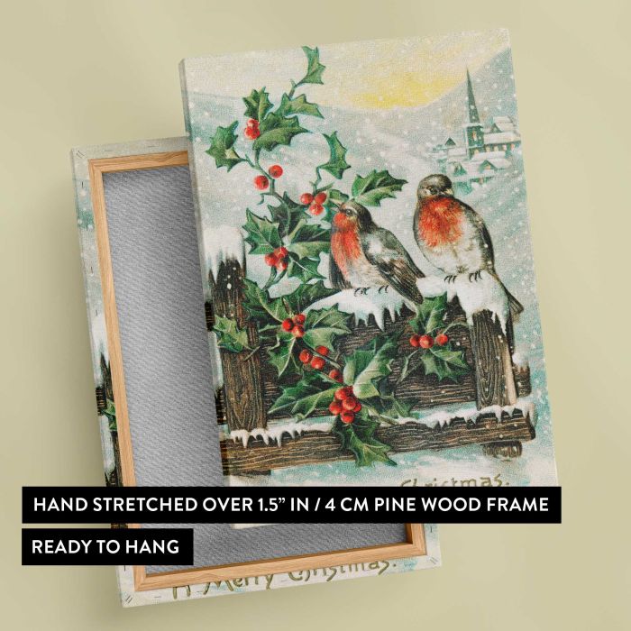 Vintage Christmas Postcard (1906) — Robins and Holly by P. Sander canvas print, canvas reverse and frame view