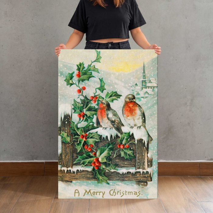 Vintage Christmas Postcard (1906) — Robins and Holly by P. Sander canvas print, canvas shown with a person for scale