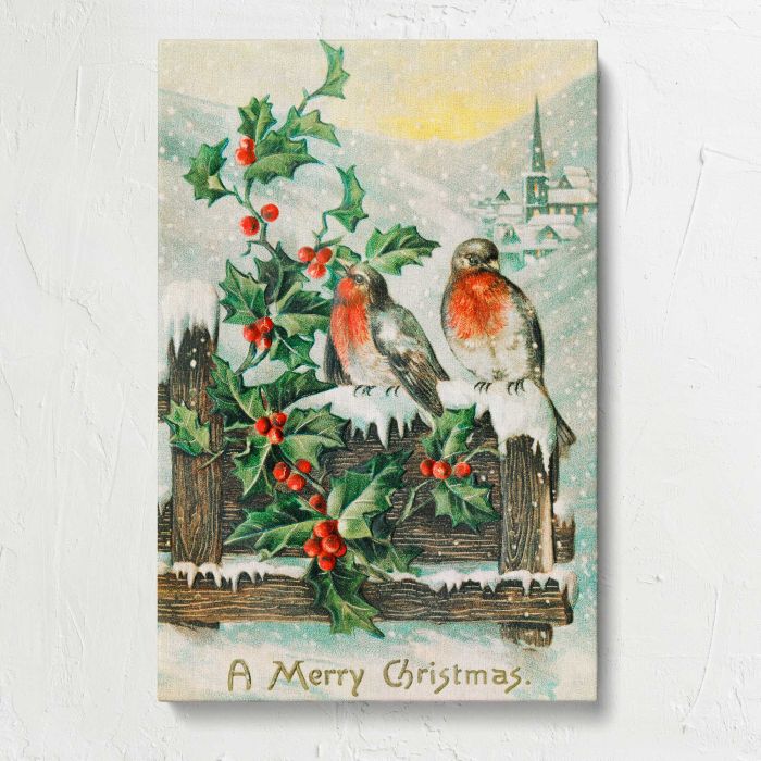 Vintage Christmas Postcard (1906) — Robins and Holly by P. Sander canvas print, front canvas view
