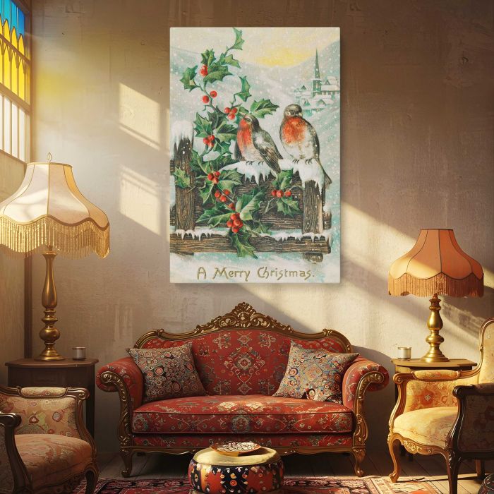 Vintage Christmas Postcard (1906) — Robins and Holly by P. Sander canvas print, interior display view