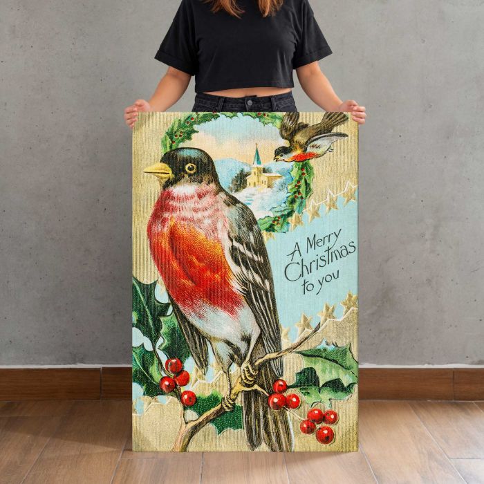 Vintage Christmas Postcard (1908) — Robin and Holly by Bamforth & Co. canvas print, canvas shown with a person for scale
