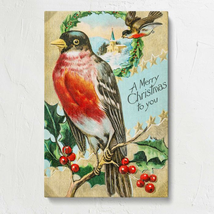 Vintage Christmas Postcard (1908) — Robin and Holly by Bamforth & Co. canvas print, front canvas view