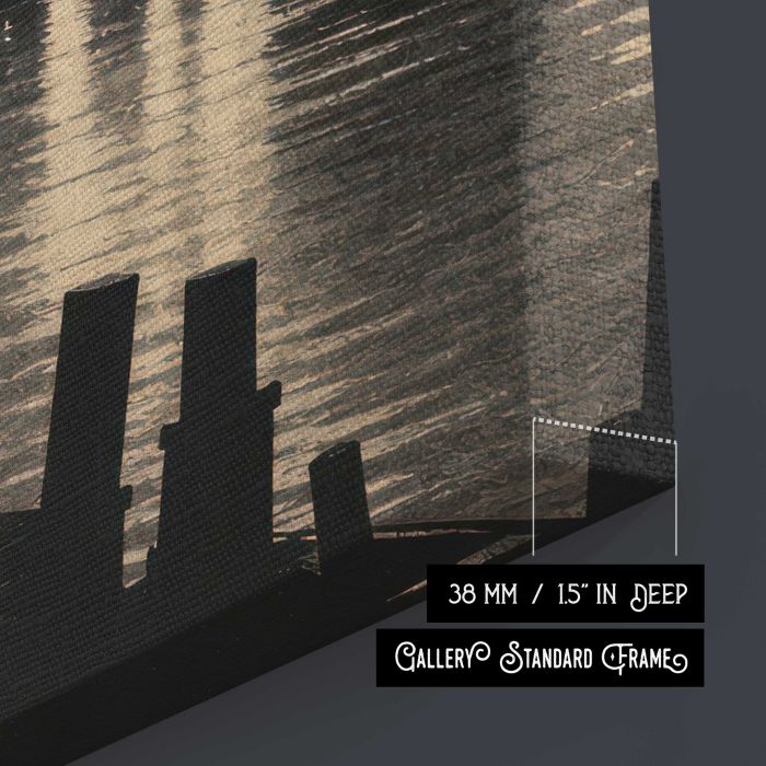 Vintage cityscape with skyscrapers and bridge under a full moon canvas print, canvas surface and edge detail