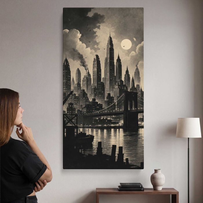 Vintage cityscape with skyscrapers and bridge under a full moon canvas print, interior display view