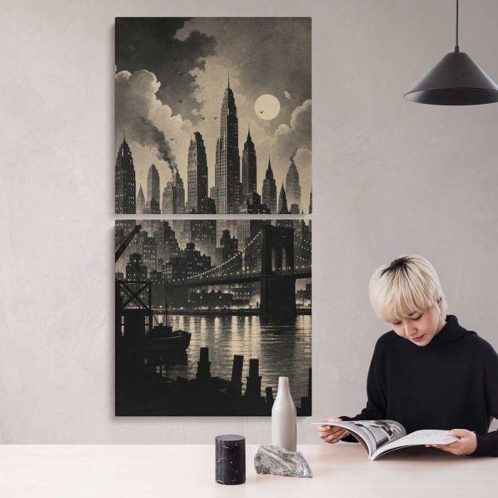 Vintage cityscape with skyscrapers and bridge under a full moon canvas print, interior display view