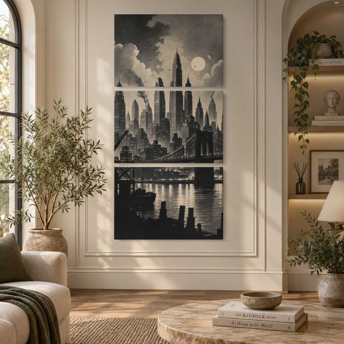 Vintage cityscape with skyscrapers and bridge under a full moon canvas print, interior display view