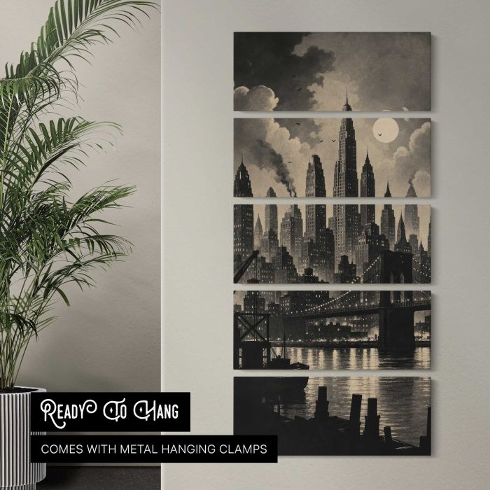 Vintage cityscape with skyscrapers and bridge under a full moon canvas print, interior display view