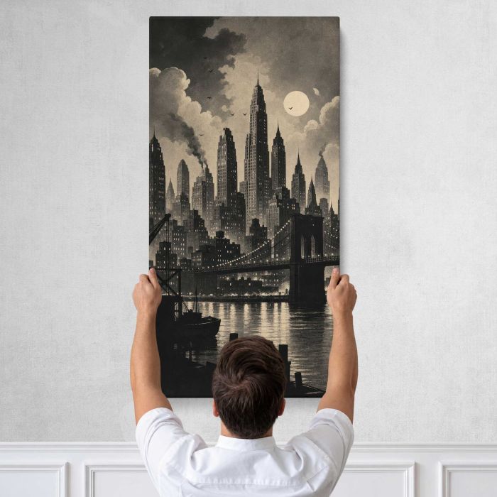 Vintage cityscape with skyscrapers and bridge under a full moon canvas print, tall canvas held against a wall